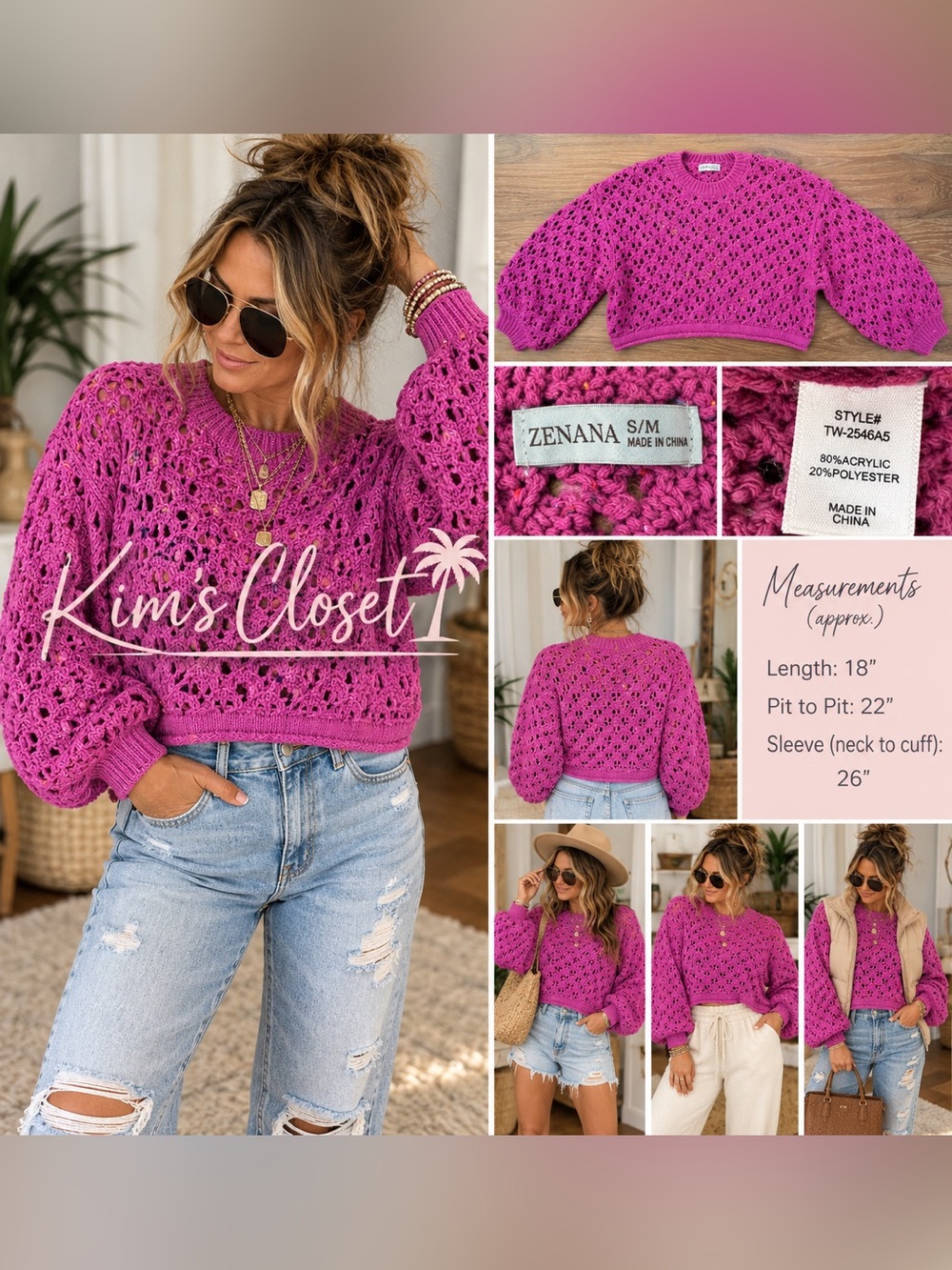 Zenana Pink/Plum Crochet Open Knit Cropped Balloon Sleeve Sweater S/M